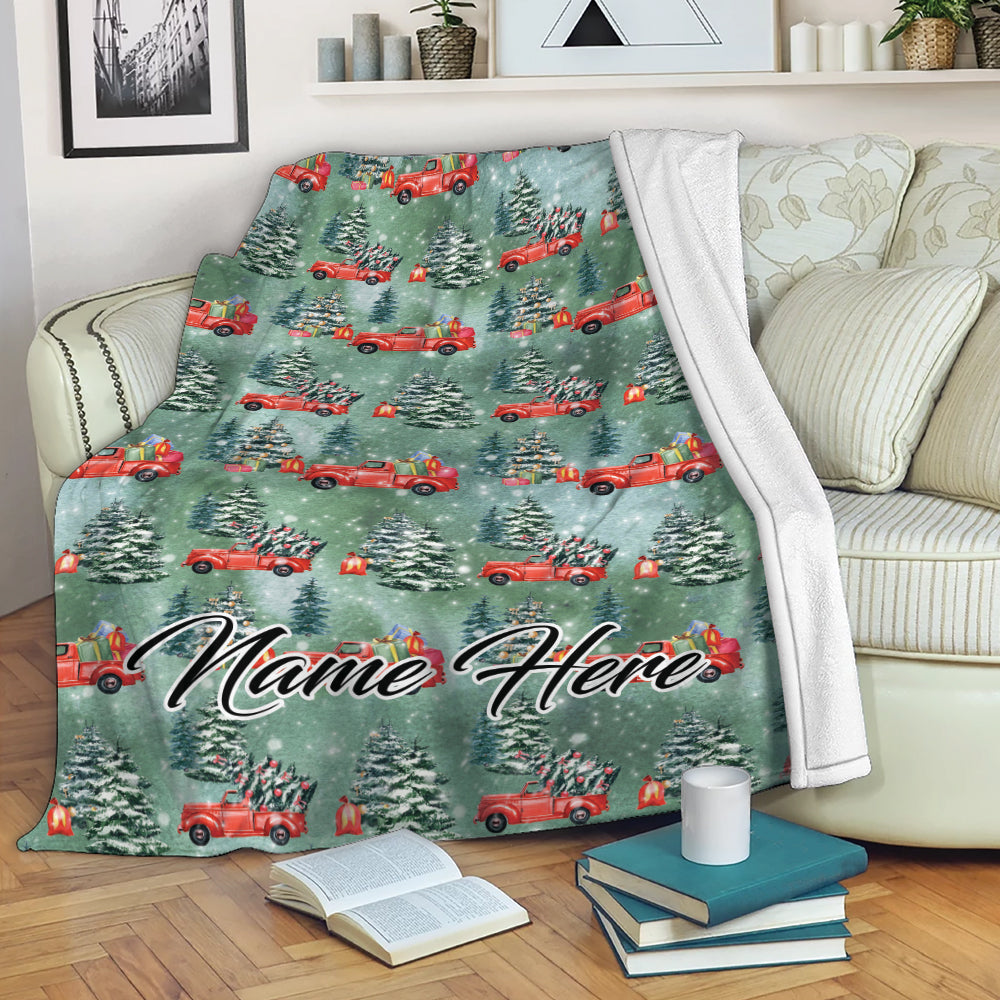 Ohaprints-Fleece-Sherpa-Blanket-Red-Truck-With-Christmas-Tree-Unique-Gift-Custom-Personalized-Name-Soft-Throw-Blanket-1962-Fleece Blanket