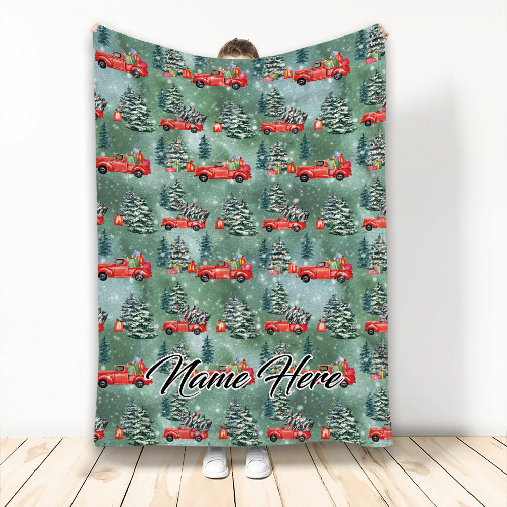 Ohaprints-Fleece-Sherpa-Blanket-Red-Truck-With-Christmas-Tree-Unique-Gift-Custom-Personalized-Name-Soft-Throw-Blanket-1962-Fleece Blanket