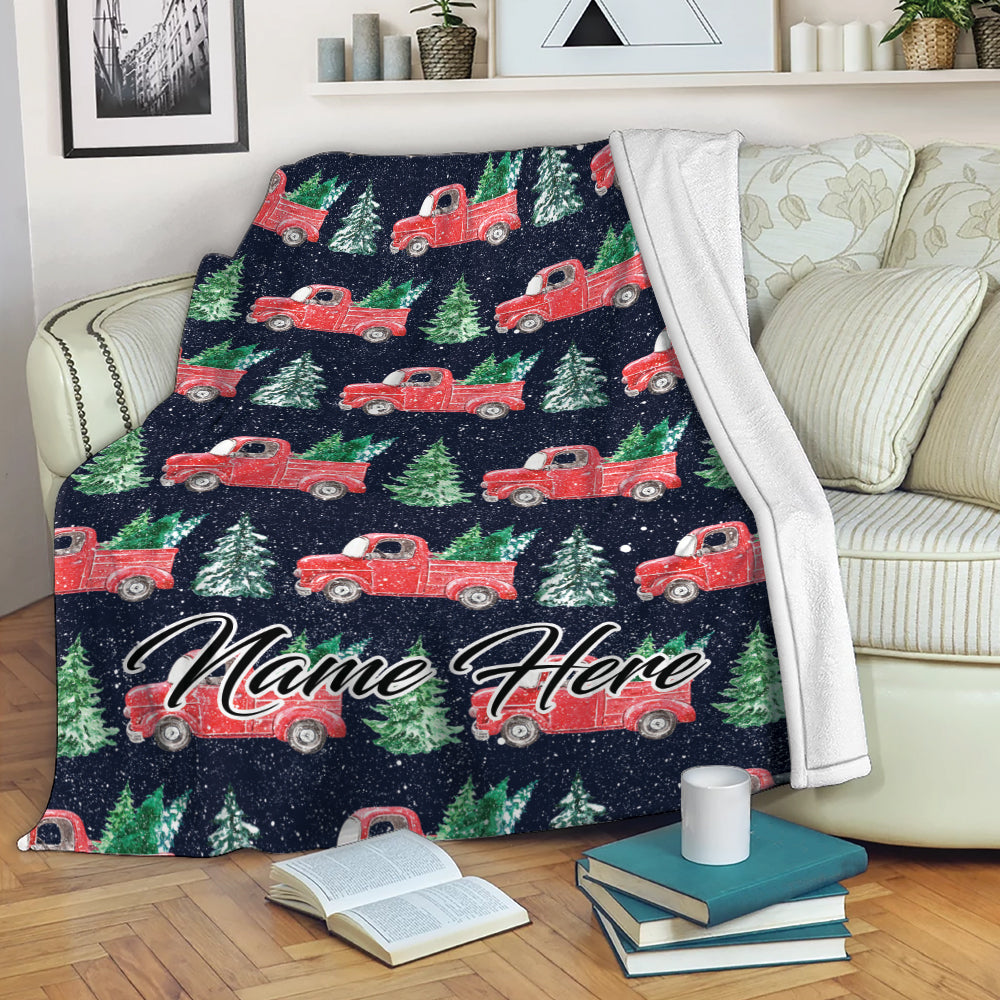 Ohaprints-Fleece-Sherpa-Blanket-Red-Truck-Pine-Tree-Christmas-Gift-Custom-Personalized-Name-Soft-Throw-Blanket-1963-Fleece Blanket