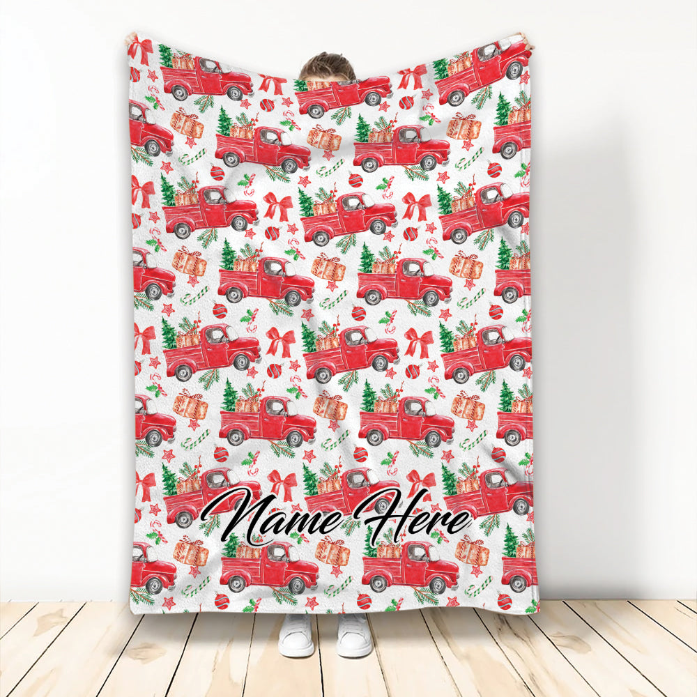 Ohaprints-Fleece-Sherpa-Blanket-Christmas-Tree-With-Red-Truck-Gift-Custom-Personalized-Name-Soft-Throw-Blanket-1964-Fleece Blanket