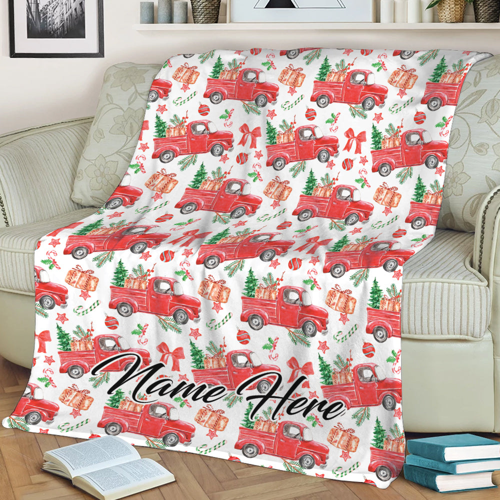 Ohaprints-Fleece-Sherpa-Blanket-Christmas-Tree-With-Red-Truck-Gift-Custom-Personalized-Name-Soft-Throw-Blanket-1964-Sherpa Blanket