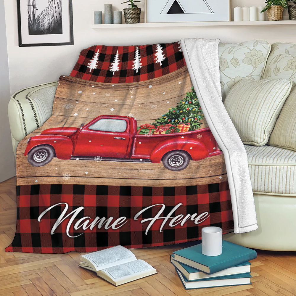 Ohaprints-Fleece-Sherpa-Blanket-Red-Truck-Christmas-Tree-Snowlfake-Custom-Personalized-Name-Soft-Throw-Blanket-1965-Fleece Blanket