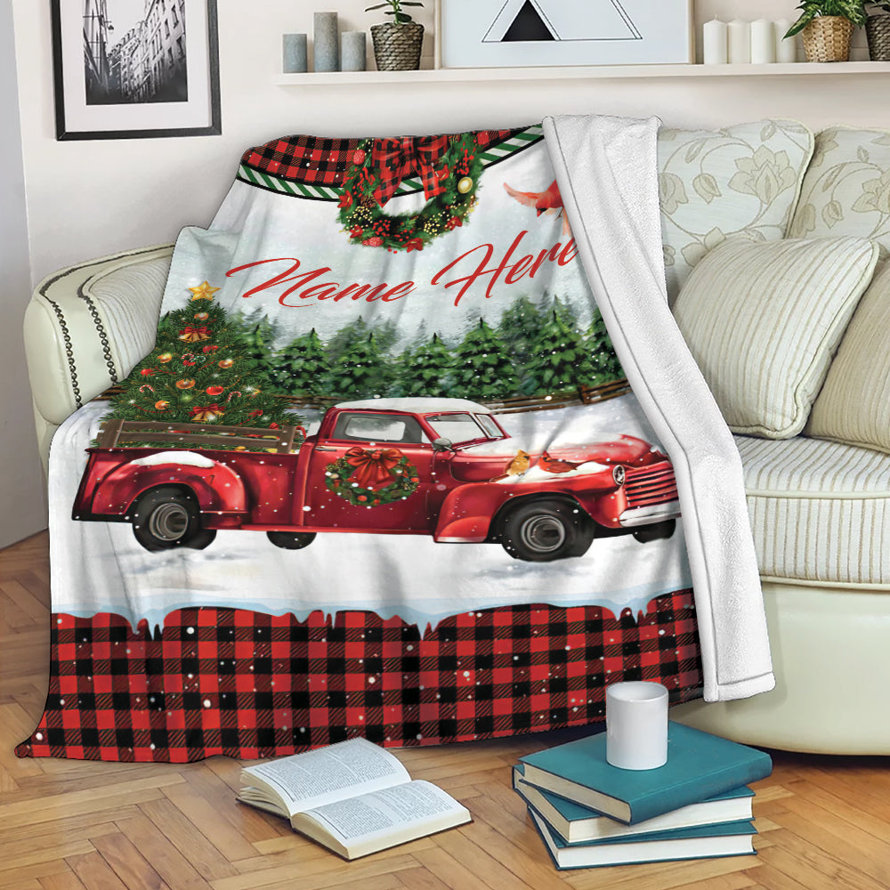 Ohaprints-Fleece-Sherpa-Blanket-Red-Truck-With-Christmas-Tree-Cardinal-Custom-Personalized-Name-Soft-Throw-Blanket-1968-Fleece Blanket