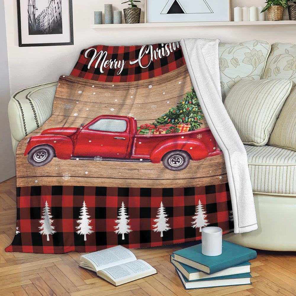 Ohaprints-Fleece-Sherpa-Blanket-Merry-Christmas-Red-Truck-Pine-Tree-Soft-Throw-Blanket-1970-Fleece Blanket