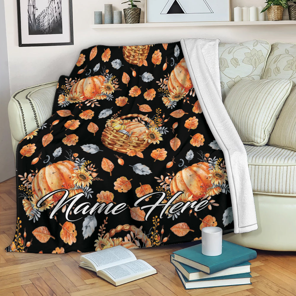 Ohaprints-Fleece-Sherpa-Blanket-Autumn-Pumpkins-Sunflower-Flower-Custom-Personalized-Name-Soft-Throw-Blanket-1983-Fleece Blanket