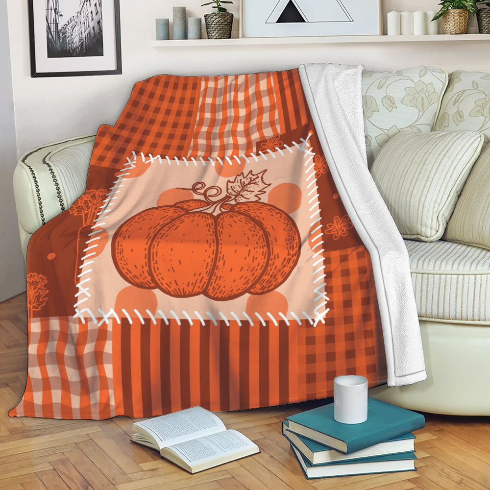 Ohaprints-Fleece-Sherpa-Blanket-Fall-Patchwork-Pumpkin-Carrots-Stripes-Cage-Flowers-Peas-Autumn-Thanksgiving-Soft-Throw-Blanket-1985-Fleece Blanket