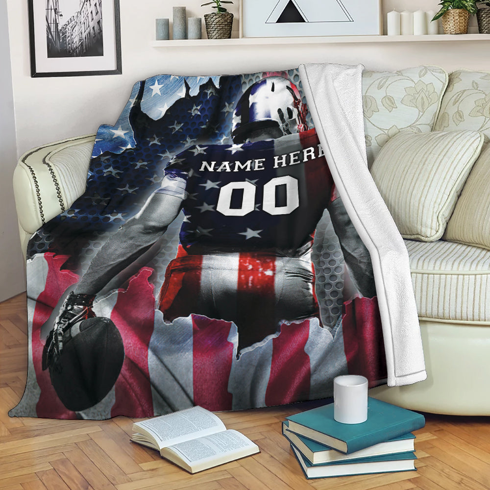 Ohaprints-Fleece-Sherpa-Blanket-American-Football-Player-American-Flag-Pattern-Custom-Personalized-Name-Number-Soft-Throw-Blanket-2061-Fleece Blanket