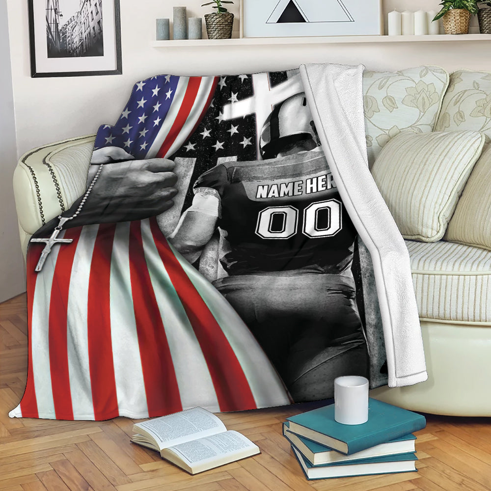 Ohaprints-Fleece-Sherpa-Blanket-Football-Player-Christian-American-Flags-Cross-Custom-Personalized-Name-Number-Soft-Throw-Blanket-2062-Fleece Blanket