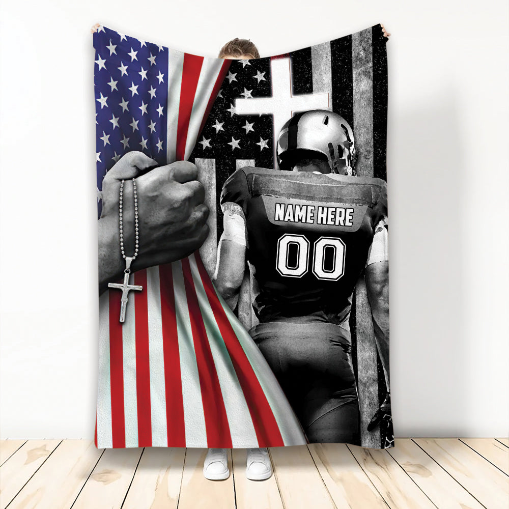 Ohaprints-Fleece-Sherpa-Blanket-Football-Player-Christian-American-Flags-Cross-Custom-Personalized-Name-Number-Soft-Throw-Blanket-2062-Fleece Blanket