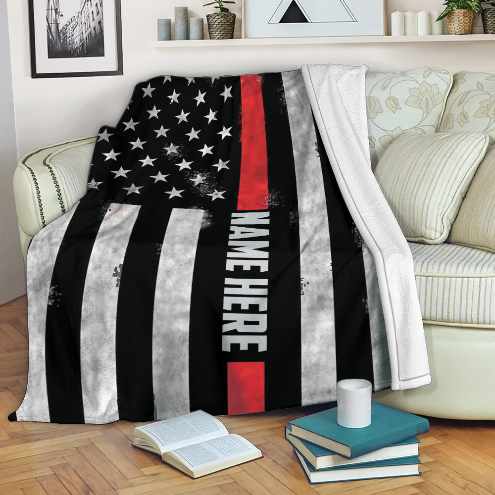 Ohaprints-Fleece-Sherpa-Blanket-Firefighter-Red-Line-American-Us-Flag-Back-The-Red-Custom-Personalized-Name-Soft-Throw-Blanket-2063-Fleece Blanket