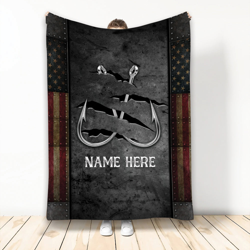 Ohaprints-Fleece-Sherpa-Blanket-Fishing-Hook-Fisherman-American-Flag-Pattern-Custom-Personalized-Name-Soft-Throw-Blanket-2068-Fleece Blanket