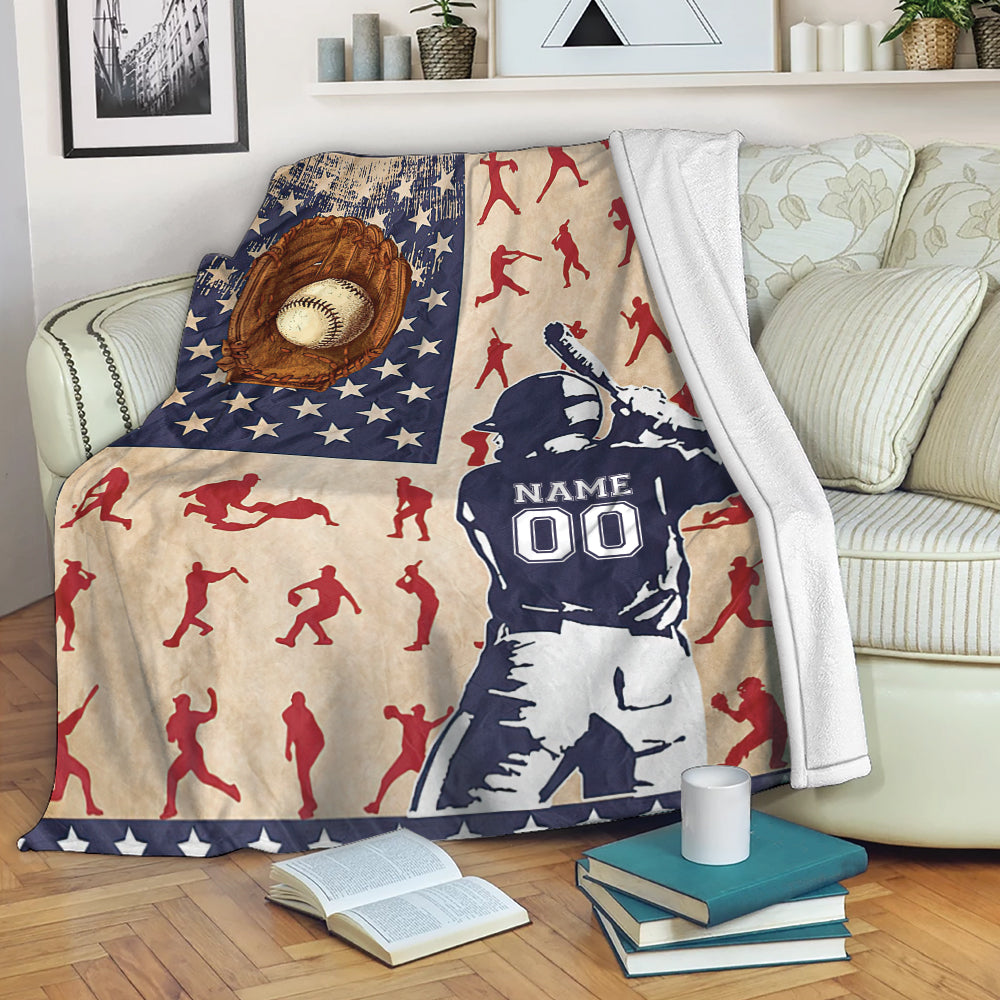 Ohaprints-Fleece-Sherpa-Blanket-Baseball-Player-Fan-Batter-Pose-America-Flag-Custom-Personalized-Name-Number-Soft-Throw-Blanket-2070-Fleece Blanket