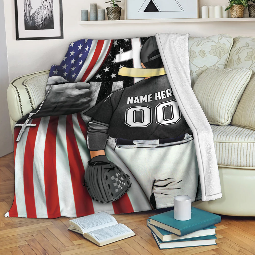 Ohaprints-Fleece-Sherpa-Blanket-Baseball-Player-Christian-American-Flag-Cross-Custom-Personalized-Name-Number-Soft-Throw-Blanket-2073-Fleece Blanket