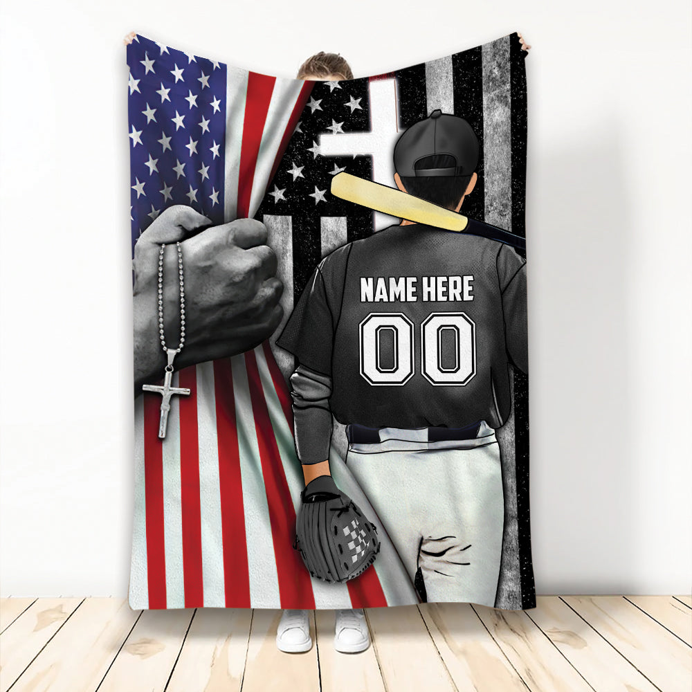 Ohaprints-Fleece-Sherpa-Blanket-Baseball-Player-Christian-American-Flag-Cross-Custom-Personalized-Name-Number-Soft-Throw-Blanket-2073-Fleece Blanket