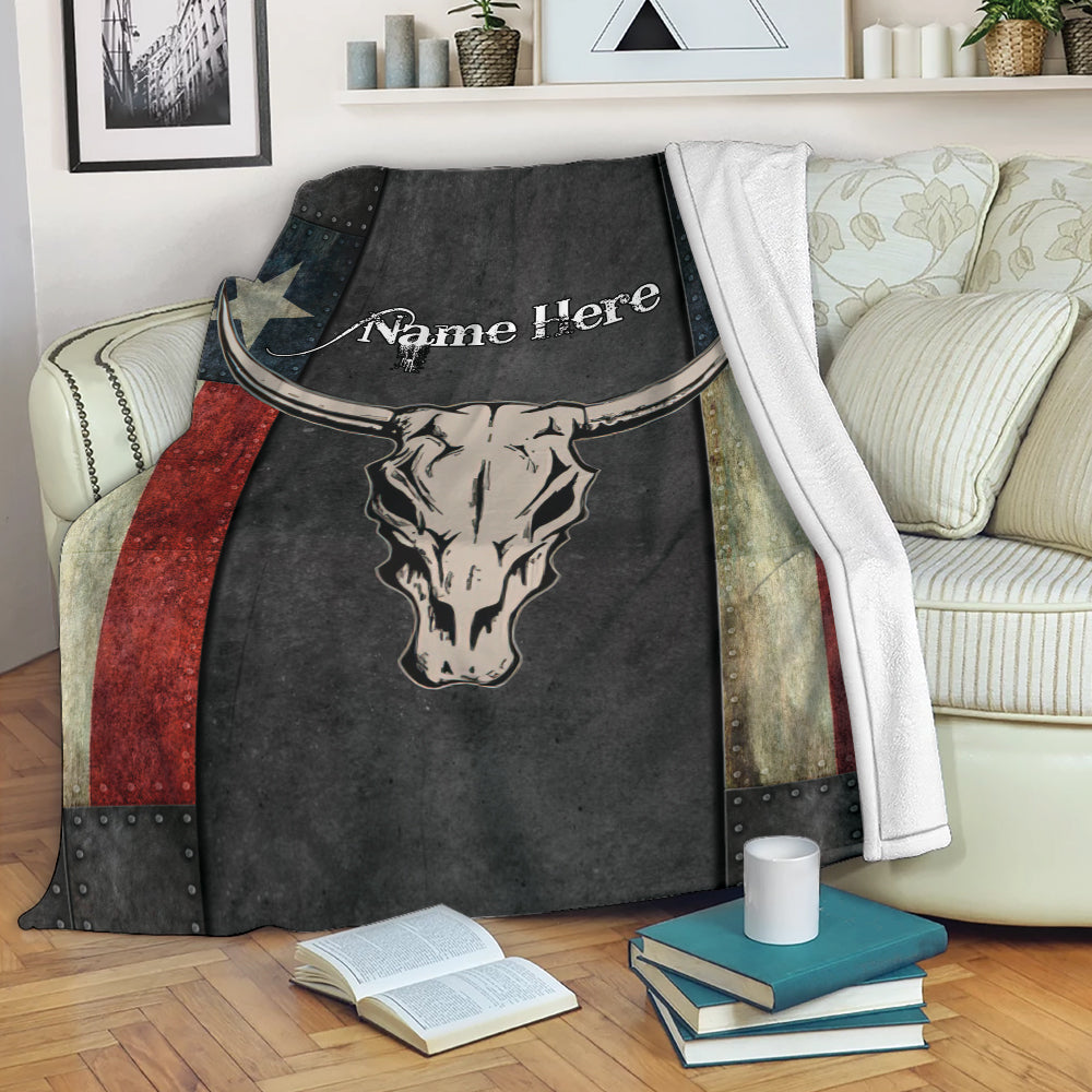 Ohaprints-Fleece-Sherpa-Blanket-Western-Texas-Cow-Skull-Texas-Flag-Wild-West-Cowboy-Custom-Personalized-Name-Soft-Throw-Blanket-2077-Fleece Blanket