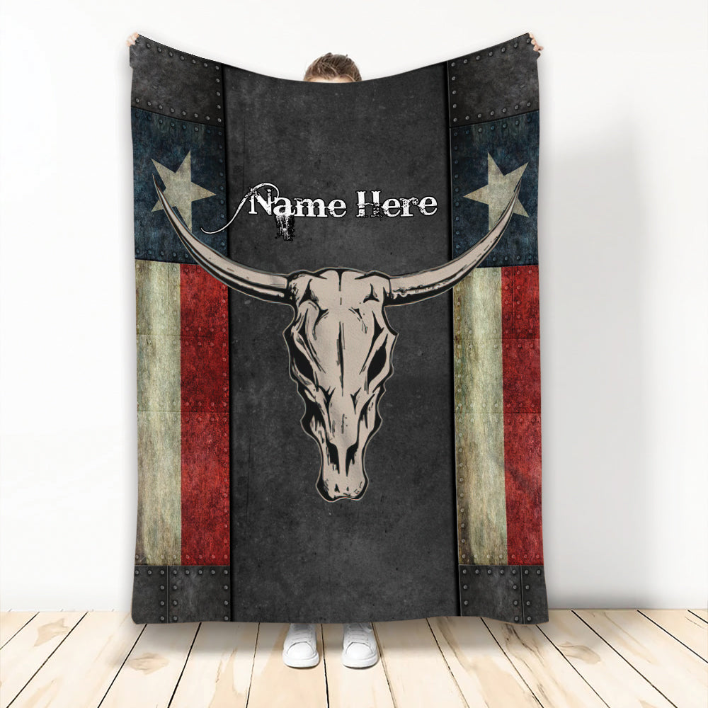 Ohaprints-Fleece-Sherpa-Blanket-Western-Texas-Cow-Skull-Texas-Flag-Wild-West-Cowboy-Custom-Personalized-Name-Soft-Throw-Blanket-2077-Fleece Blanket