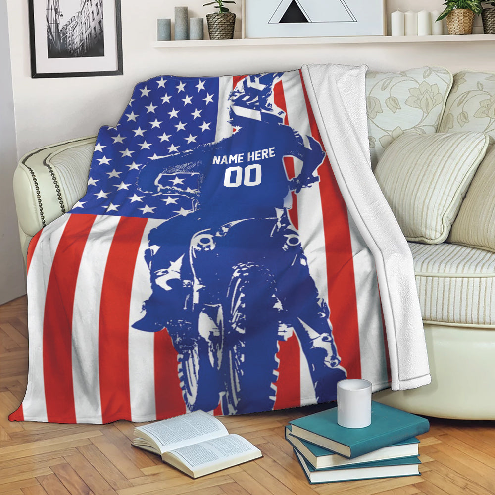 Ohaprints-Fleece-Sherpa-Blanket-Dirt-Bike-Extreme-Sports-Us-Flag-Motocross-Custom-Personalized-Name-Number-Soft-Throw-Blanket-2081-Fleece Blanket