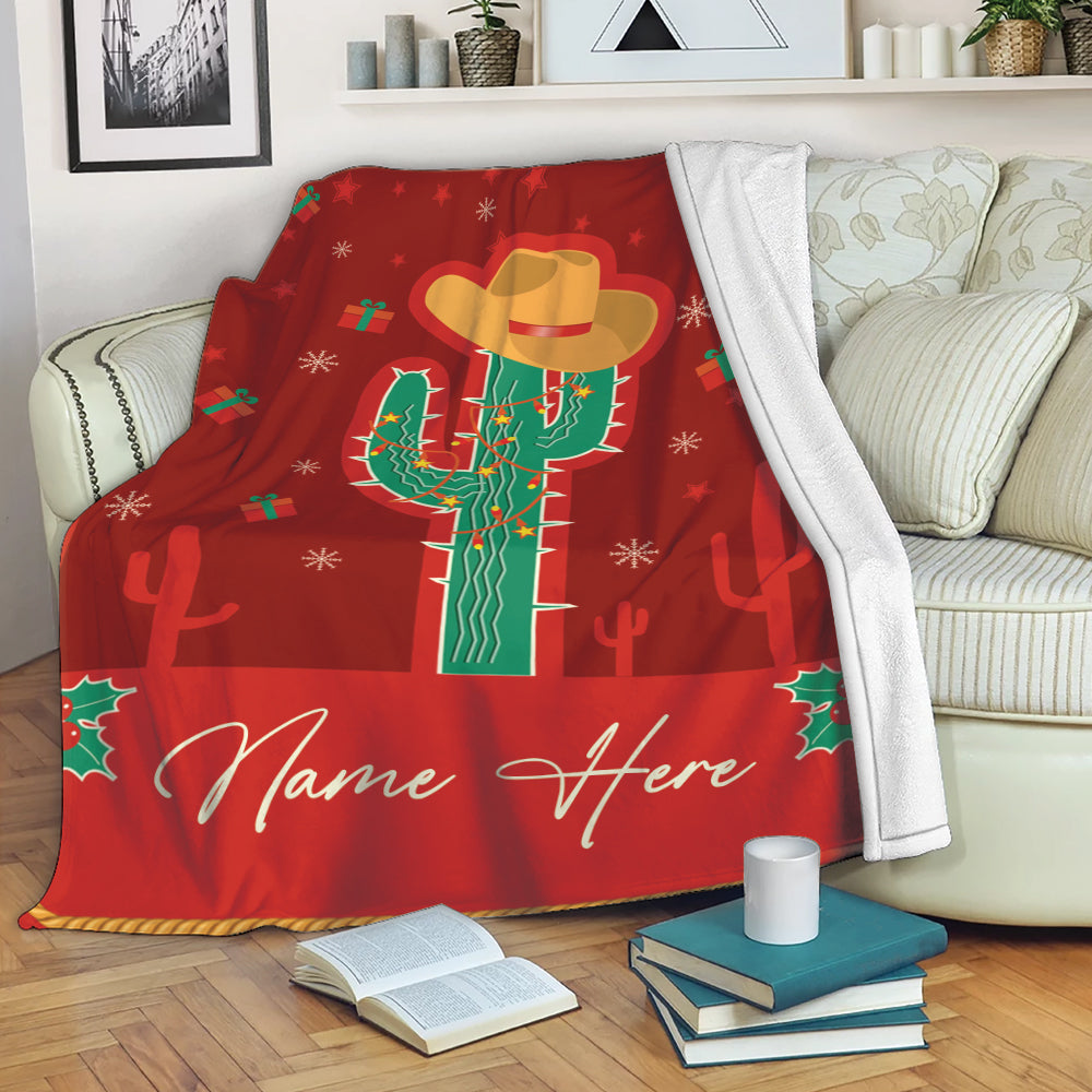 Ohaprints-Fleece-Sherpa-Blanket-Texas-Cowboy-Red-Christmas-Green-Cactus-Holiday-Custom-Personalized-Name-Soft-Throw-Blanket-2102-Fleece Blanket