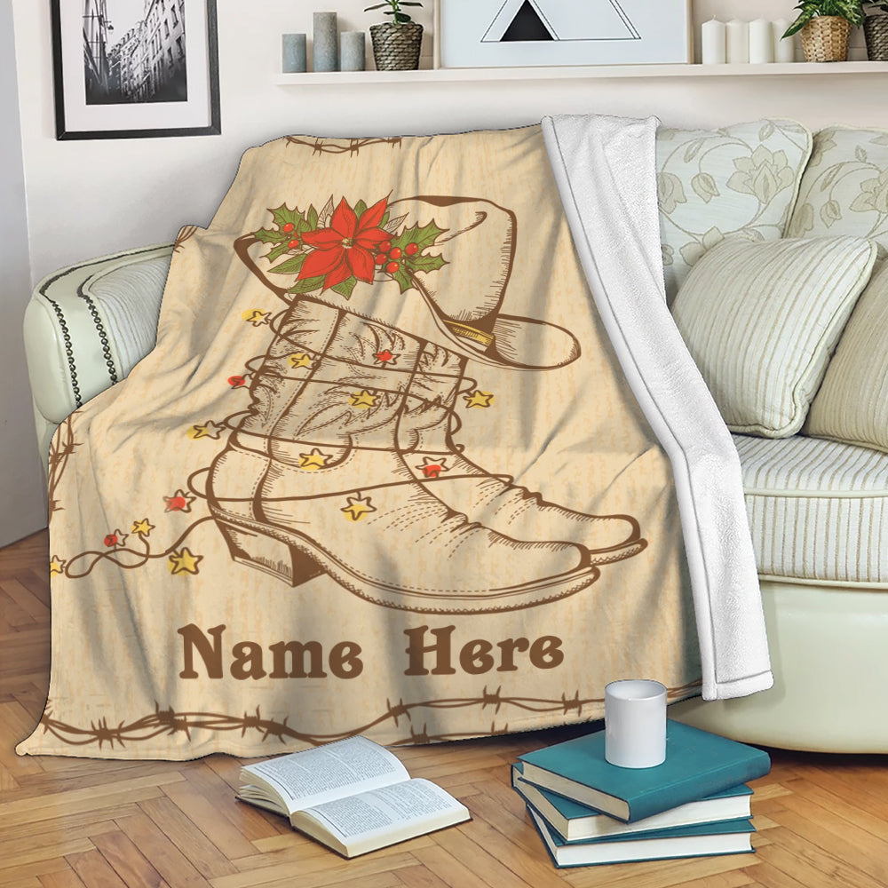 Ohaprints-Fleece-Sherpa-Blanket-Texas-Western-Christmas-Greeting-Cowboy-Boots-Hat-Custom-Personalized-Name-Soft-Throw-Blanket-2103-Fleece Blanket