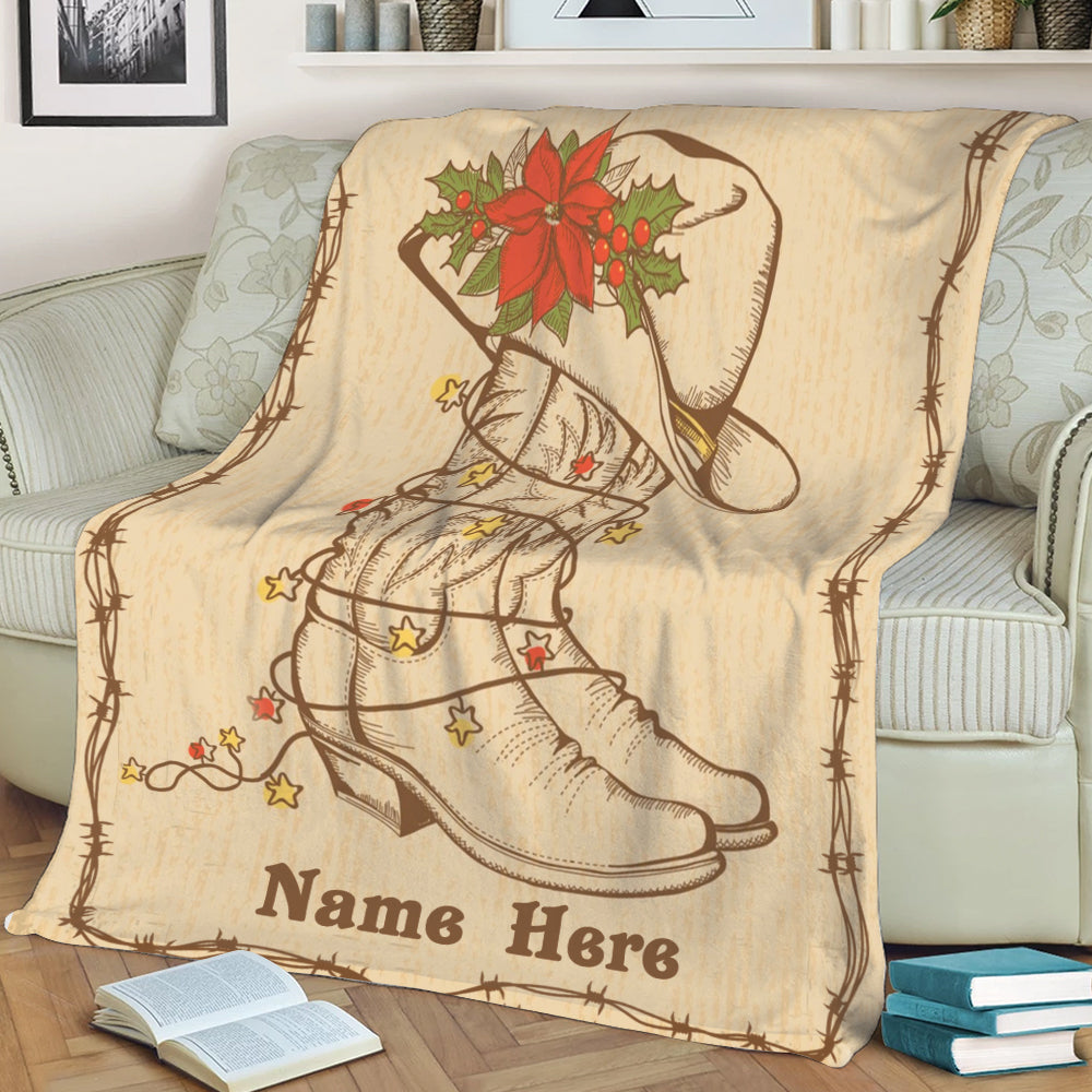 Ohaprints-Fleece-Sherpa-Blanket-Texas-Western-Christmas-Greeting-Cowboy-Boots-Hat-Custom-Personalized-Name-Soft-Throw-Blanket-2103-Sherpa Blanket