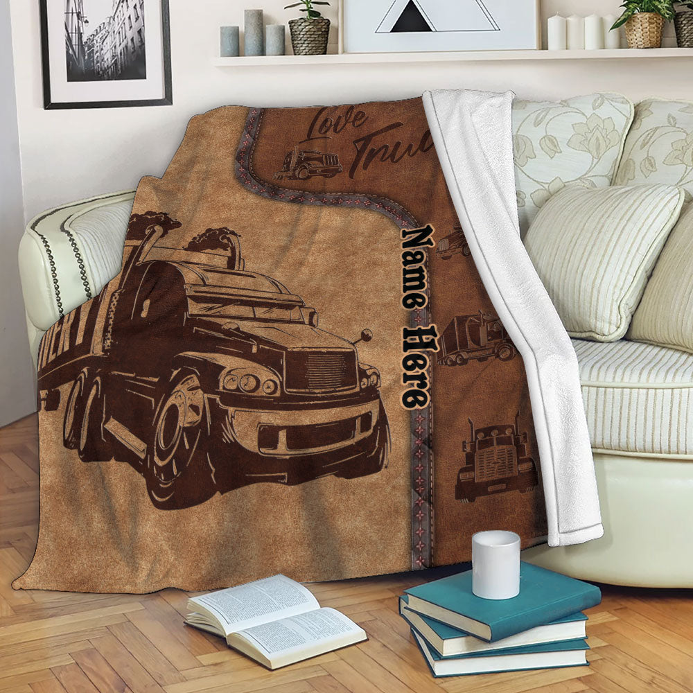 Ohaprints-Fleece-Sherpa-Blanket-Love-Trucker-Truck-Driver-Brown-Pattern-Unique-Gift-Custom-Personalized-Name-Soft-Throw-Blanket-2174-Fleece Blanket