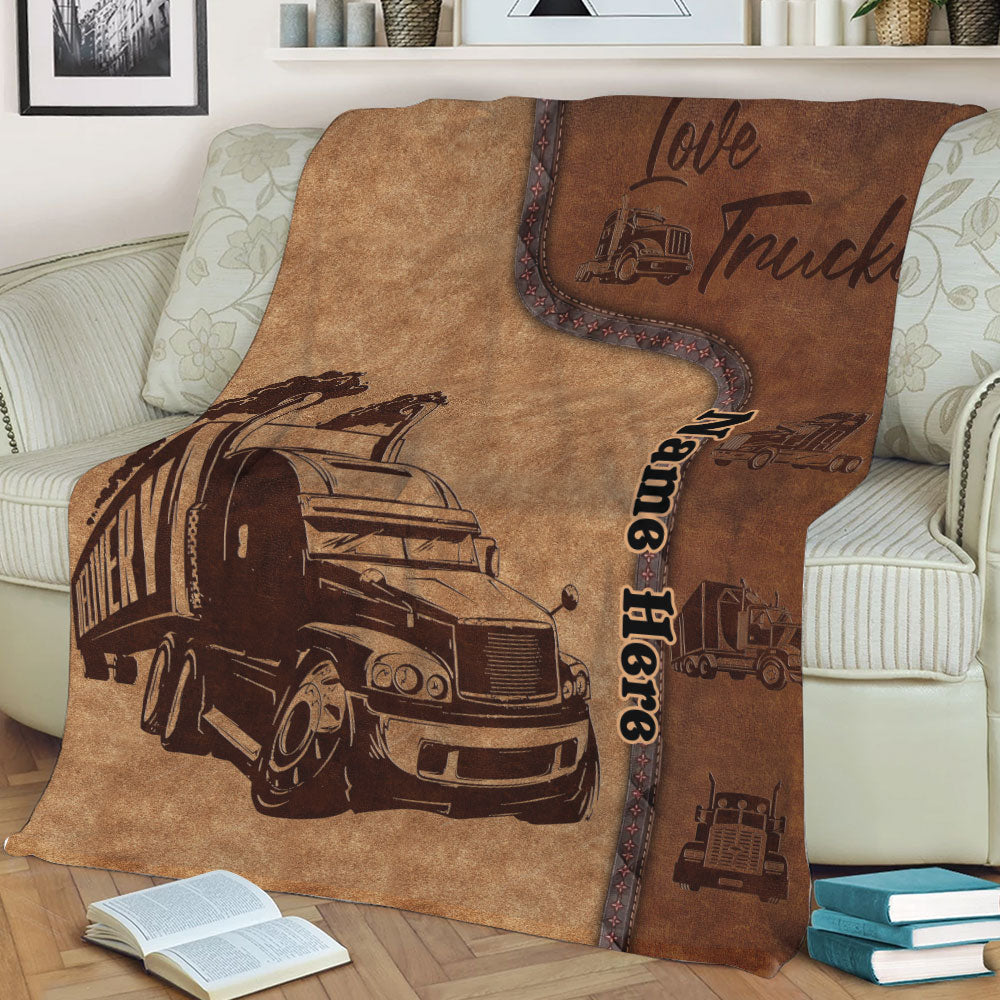 Ohaprints-Fleece-Sherpa-Blanket-Love-Trucker-Truck-Driver-Brown-Pattern-Unique-Gift-Custom-Personalized-Name-Soft-Throw-Blanket-2174-Sherpa Blanket