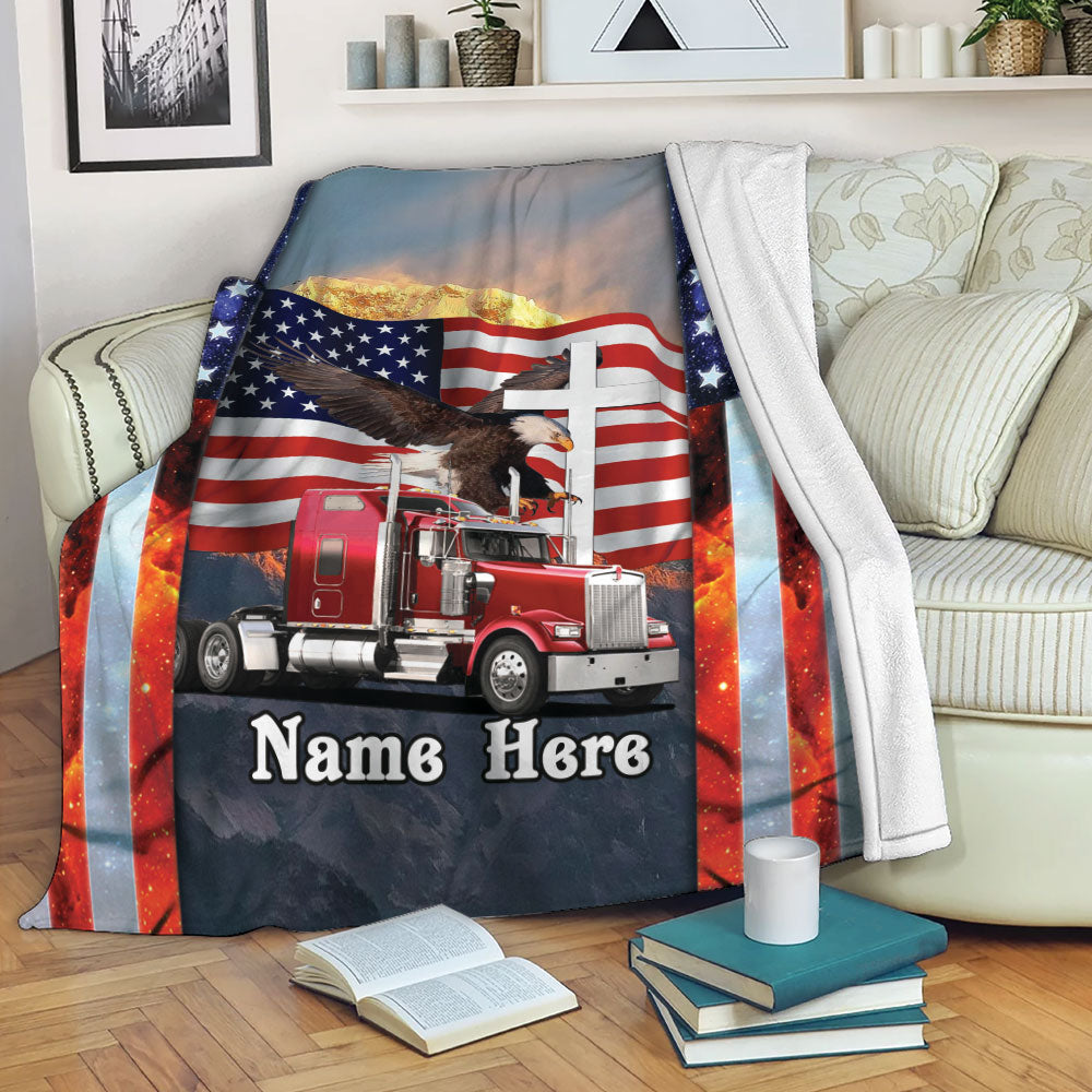 Ohaprints-Fleece-Sherpa-Blanket-Proud-American-Trucker-Truck-Driver-Gift-Eagle-Truck-Custom-Personalized-Name-Soft-Throw-Blanket-2175-Fleece Blanket