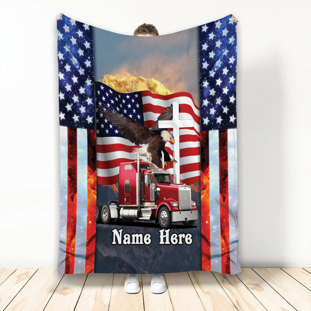 Ohaprints-Fleece-Sherpa-Blanket-Proud-American-Trucker-Truck-Driver-Gift-Eagle-Truck-Custom-Personalized-Name-Soft-Throw-Blanket-2175-Fleece Blanket