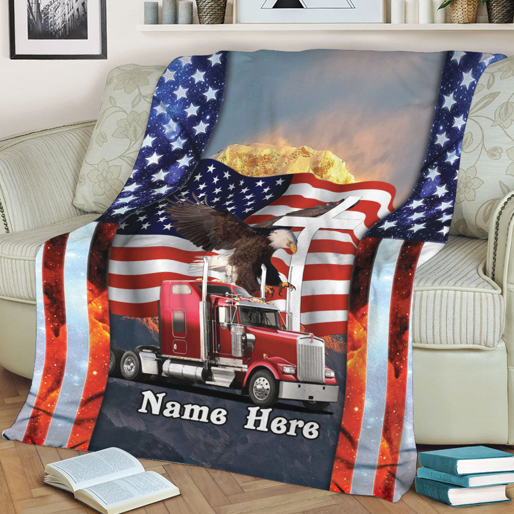 Ohaprints-Fleece-Sherpa-Blanket-Proud-American-Trucker-Truck-Driver-Gift-Eagle-Truck-Custom-Personalized-Name-Soft-Throw-Blanket-2175-Sherpa Blanket