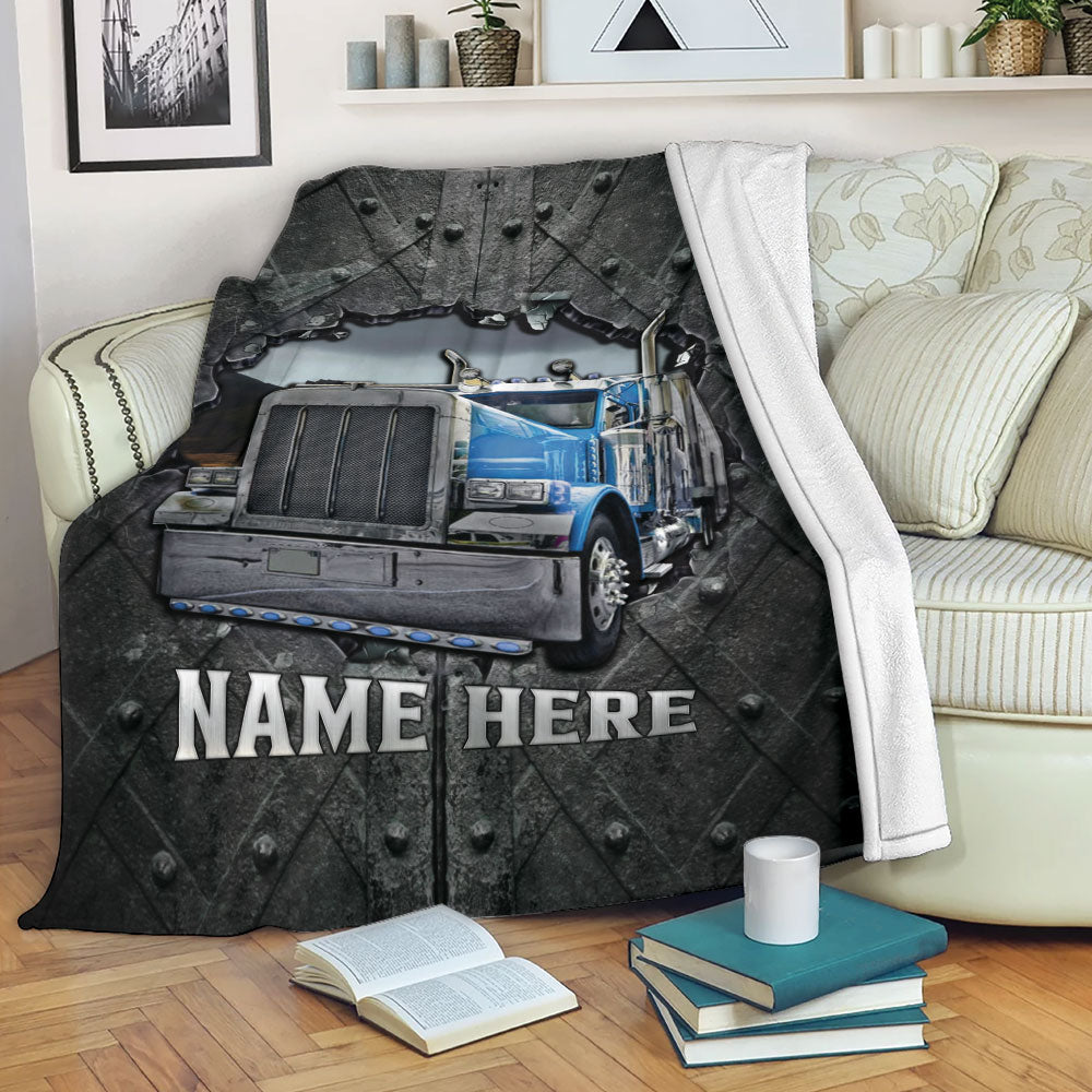 Ohaprints-Fleece-Sherpa-Blanket-Blue-Truck-Crack-Pattern-Trucker-Gift-Custom-Personalized-Name-Soft-Throw-Blanket-2176-Fleece Blanket