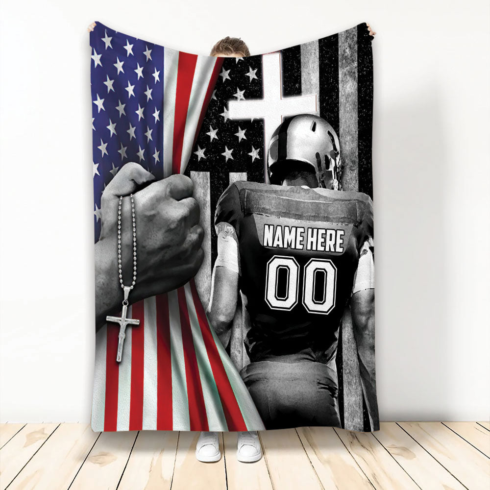 Ohaprints-Fleece-Sherpa-Blanket-Football-Player-Christian-Us-Flag-Cross-Custom-Personalized-Name-Number-Soft-Throw-Blanket-2180-Fleece Blanket