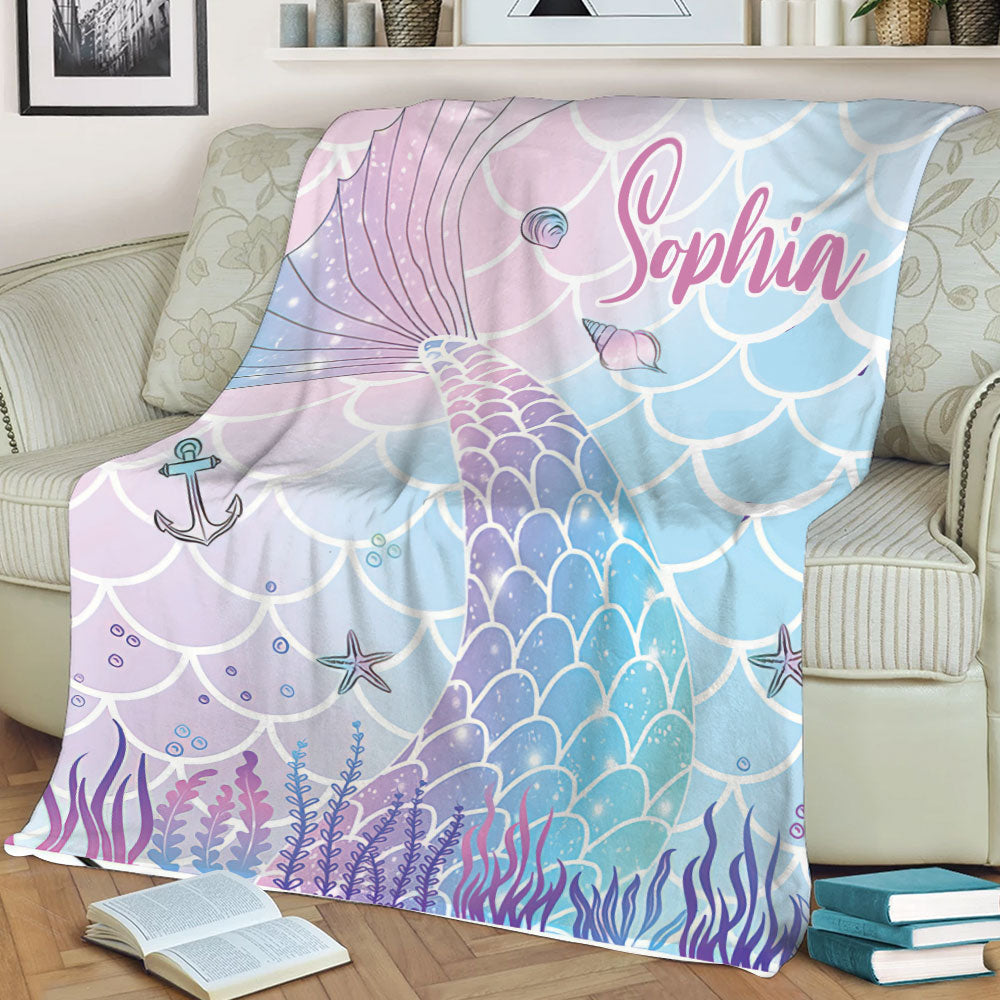 Ohaprints-Fleece-Sherpa-Blanket-Ocean-Mermaid-Scale-Pink-Blue-Gift-For-Girls-Women-Custom-Personalized-Name-Soft-Throw-Blanket-2185-Sherpa Blanket