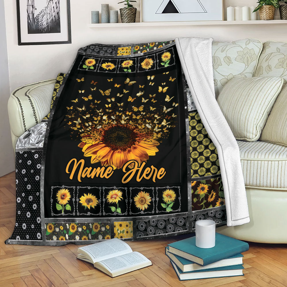 Ohaprints-Fleece-Sherpa-Blanket-Butterfly-Sunflower-Patchwork-Pattern-Custom-Personalized-Name-Soft-Throw-Blanket-2190-Fleece Blanket