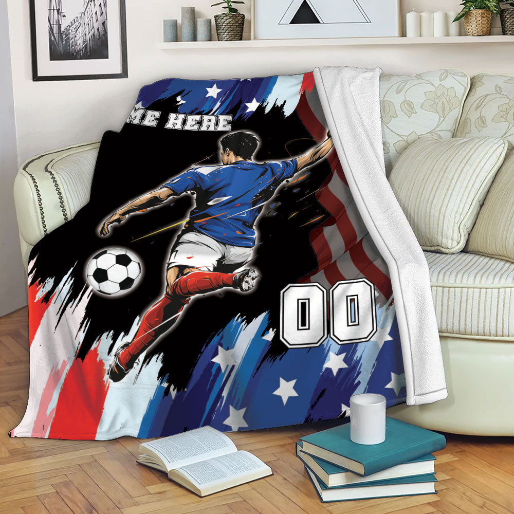 Ohaprints-Fleece-Sherpa-Blanket-Soccer-American-Flag-Pattern-Sport-Gift-Custom-Personalized-Name-Number-Soft-Throw-Blanket-2201-Fleece Blanket