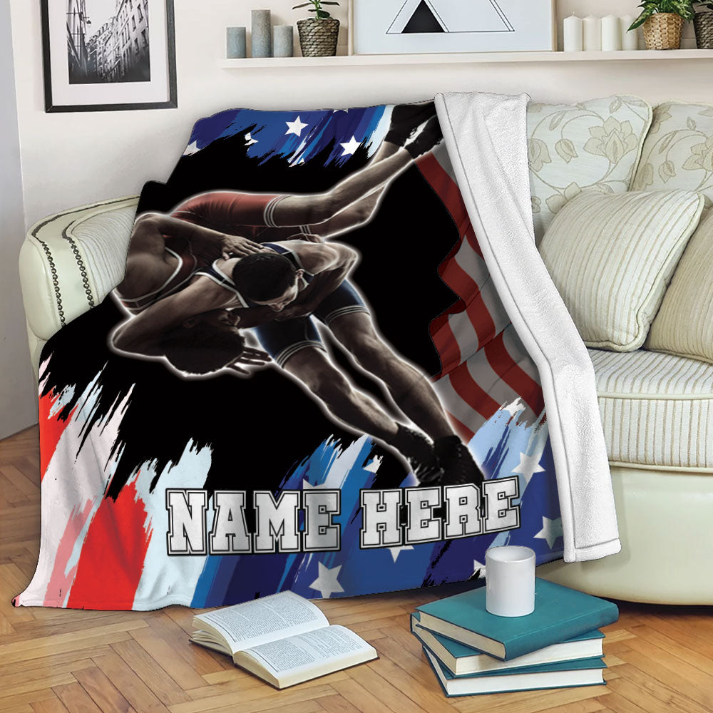 Ohaprints-Fleece-Sherpa-Blanket-Wrestling-American-Flag-Pattern-Sport-Gift-Custom-Personalized-Name-Soft-Throw-Blanket-2202-Fleece Blanket