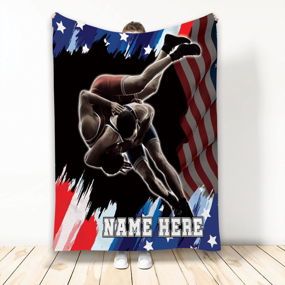 Ohaprints-Fleece-Sherpa-Blanket-Wrestling-American-Flag-Pattern-Sport-Gift-Custom-Personalized-Name-Soft-Throw-Blanket-2202-Fleece Blanket