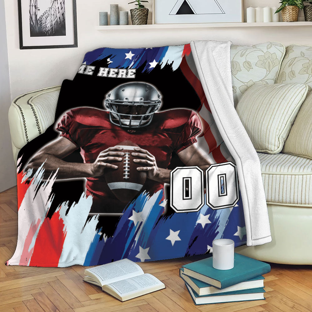 Ohaprints-Fleece-Sherpa-Blanket-Football-American-Flag-Pattern-Sport-Gift-Custom-Personalized-Name-Number-Soft-Throw-Blanket-2203-Fleece Blanket