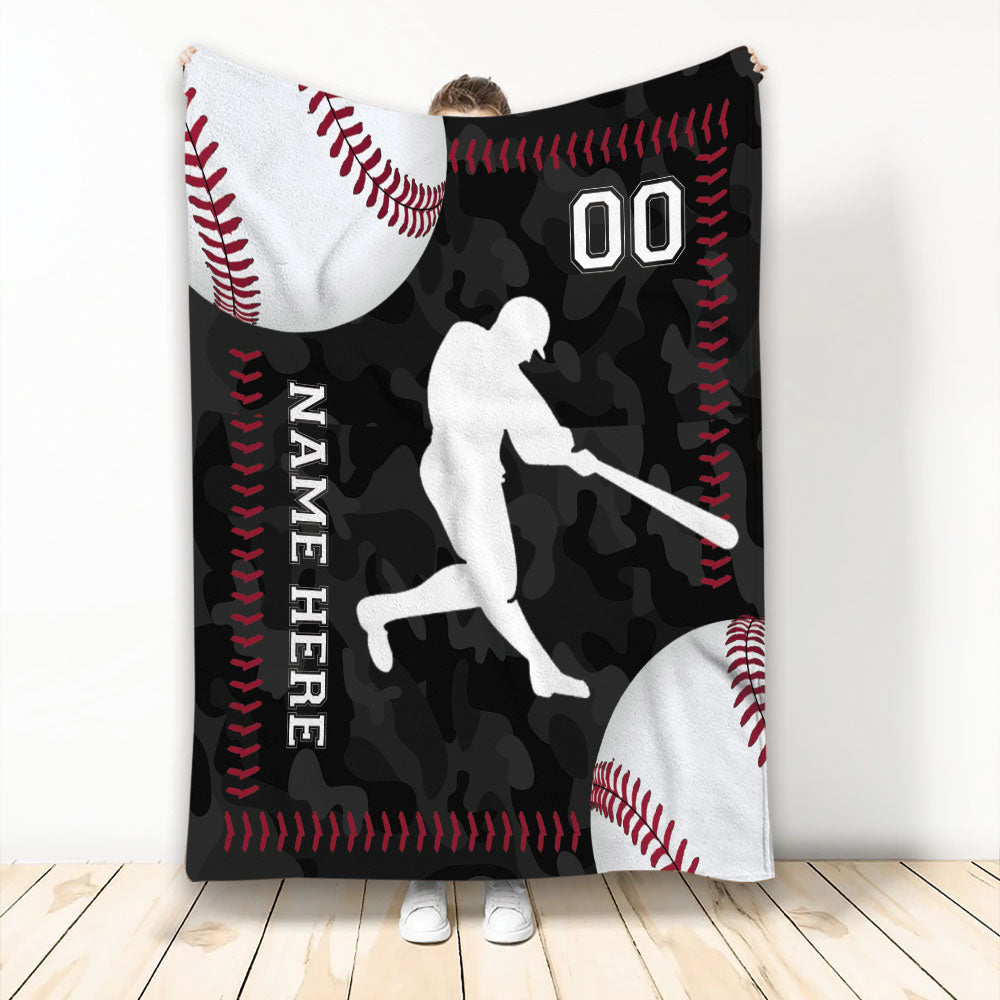 Ohaprints-Fleece-Sherpa-Blanket-Baseball-Ball-Player-Black-Camo-Sports-Gift-Custom-Personalized-Name-Number-Soft-Throw-Blanket-2205-Fleece Blanket