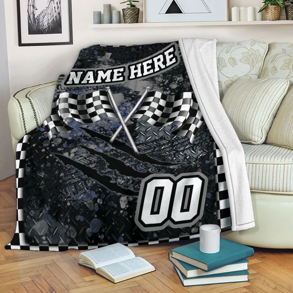 Ohaprints-Fleece-Sherpa-Blanket-Racing-Checkered-Flag-Pattern-Sports-Gift-Custom-Personalized-Name-Number-Soft-Throw-Blanket-2208-Fleece Blanket