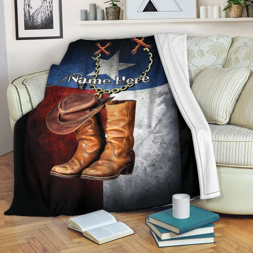 Ohaprints-Fleece-Sherpa-Blanket-Horse-Lover-Cowboy-Cowgirl-Hat-Boots-Texas-Flag-Custom-Personalized-Name-Soft-Throw-Blanket-2215-Fleece Blanket