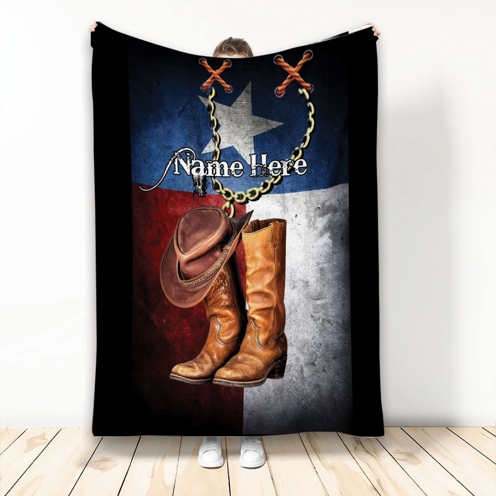 Ohaprints-Fleece-Sherpa-Blanket-Horse-Lover-Cowboy-Cowgirl-Hat-Boots-Texas-Flag-Custom-Personalized-Name-Soft-Throw-Blanket-2215-Fleece Blanket