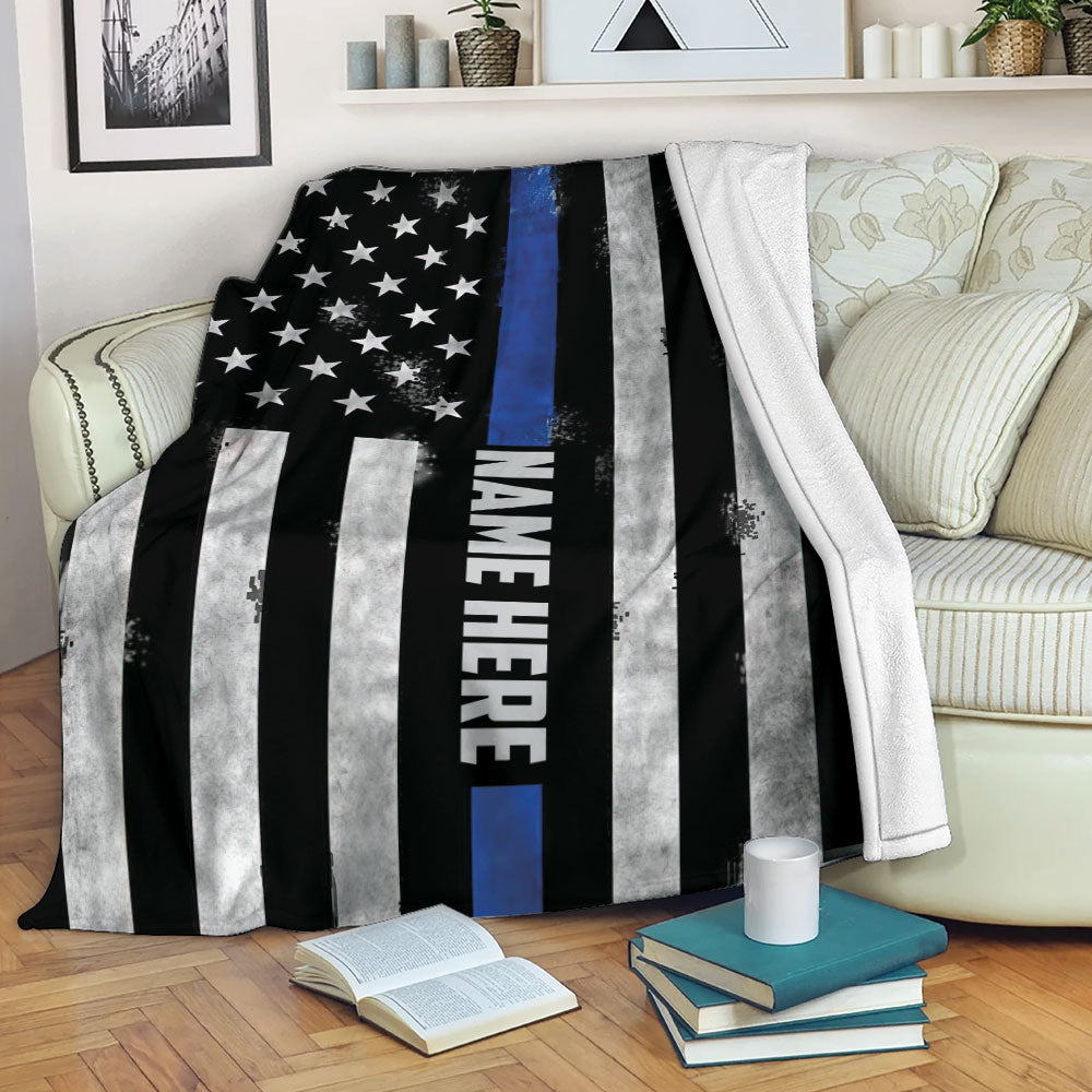 Ohaprints-Fleece-Sherpa-Blanket-Police-Thin-Blue-Line-Us-American-Flag-Back-The-Blue-Custom-Personalized-Name-Soft-Throw-Blanket-2224-Fleece Blanket