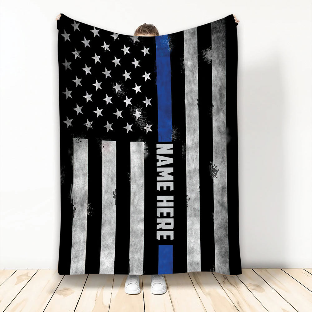 Ohaprints-Fleece-Sherpa-Blanket-Police-Thin-Blue-Line-Us-American-Flag-Back-The-Blue-Custom-Personalized-Name-Soft-Throw-Blanket-2224-Fleece Blanket