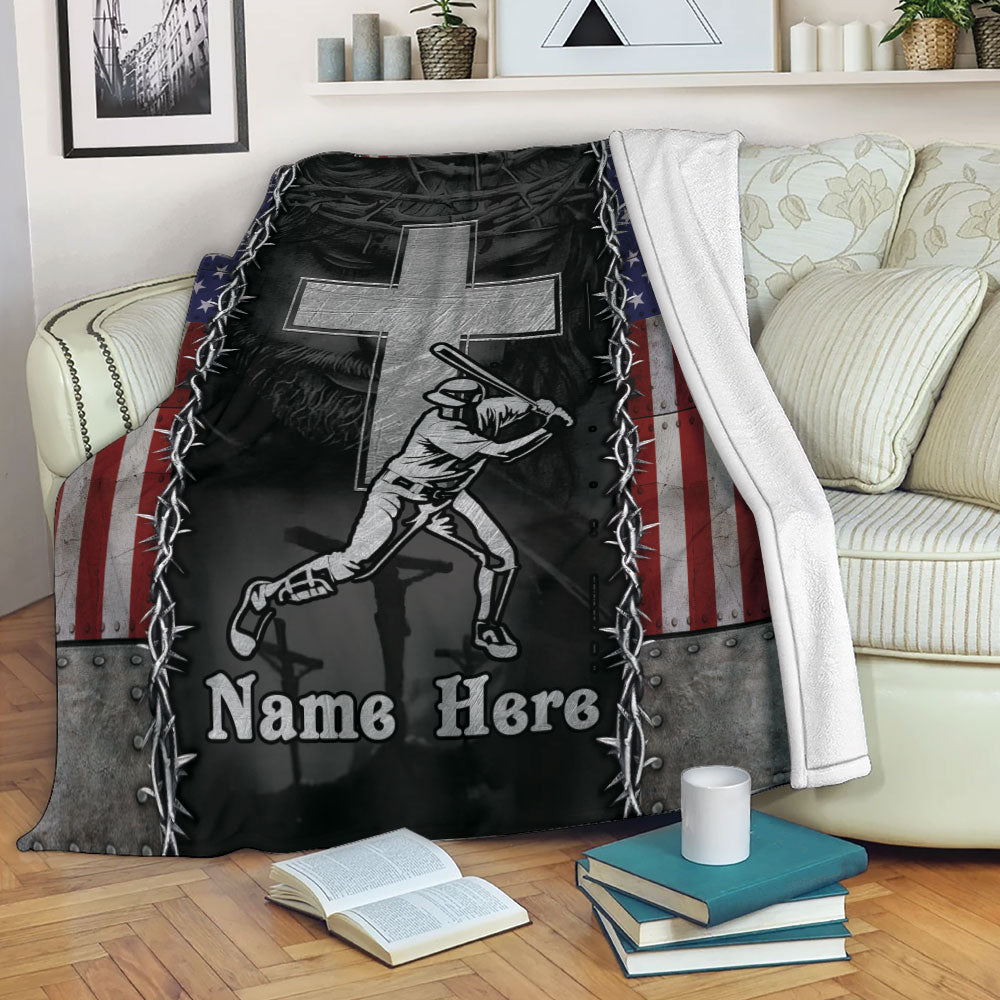 Ohaprints-Fleece-Sherpa-Blanket-Baseball-Batter-Christian-Jesus-Cross-American-Flag-Custom-Personalized-Name-Soft-Throw-Blanket-2228-Fleece Blanket