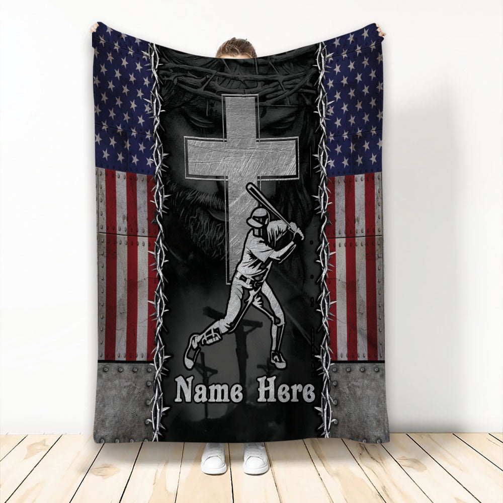 Ohaprints-Fleece-Sherpa-Blanket-Baseball-Batter-Christian-Jesus-Cross-American-Flag-Custom-Personalized-Name-Soft-Throw-Blanket-2228-Fleece Blanket