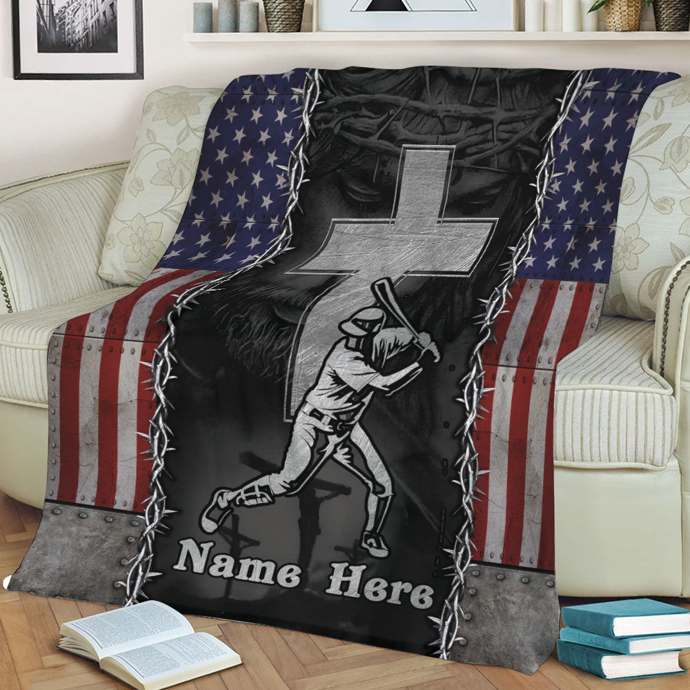 Ohaprints-Fleece-Sherpa-Blanket-Baseball-Batter-Christian-Jesus-Cross-American-Flag-Custom-Personalized-Name-Soft-Throw-Blanket-2228-Sherpa Blanket