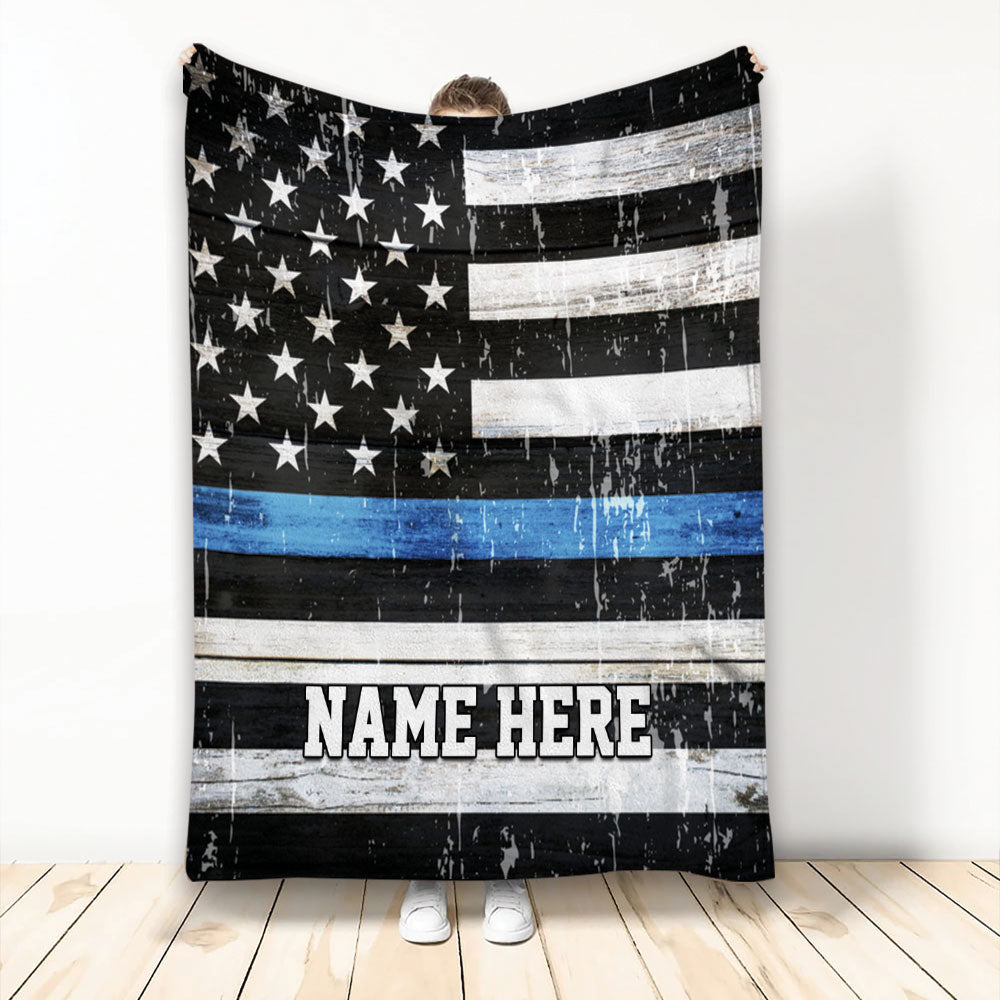 Ohaprints-Fleece-Sherpa-Blanket-Police-Thin-Blue-Line-Us-Flag-Support-For-Law-Custom-Personalized-Name-Soft-Throw-Blanket-2229-Fleece Blanket