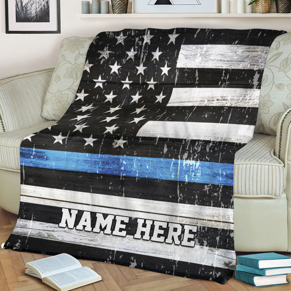 Ohaprints-Fleece-Sherpa-Blanket-Police-Thin-Blue-Line-Us-Flag-Support-For-Law-Custom-Personalized-Name-Soft-Throw-Blanket-2229-Sherpa Blanket