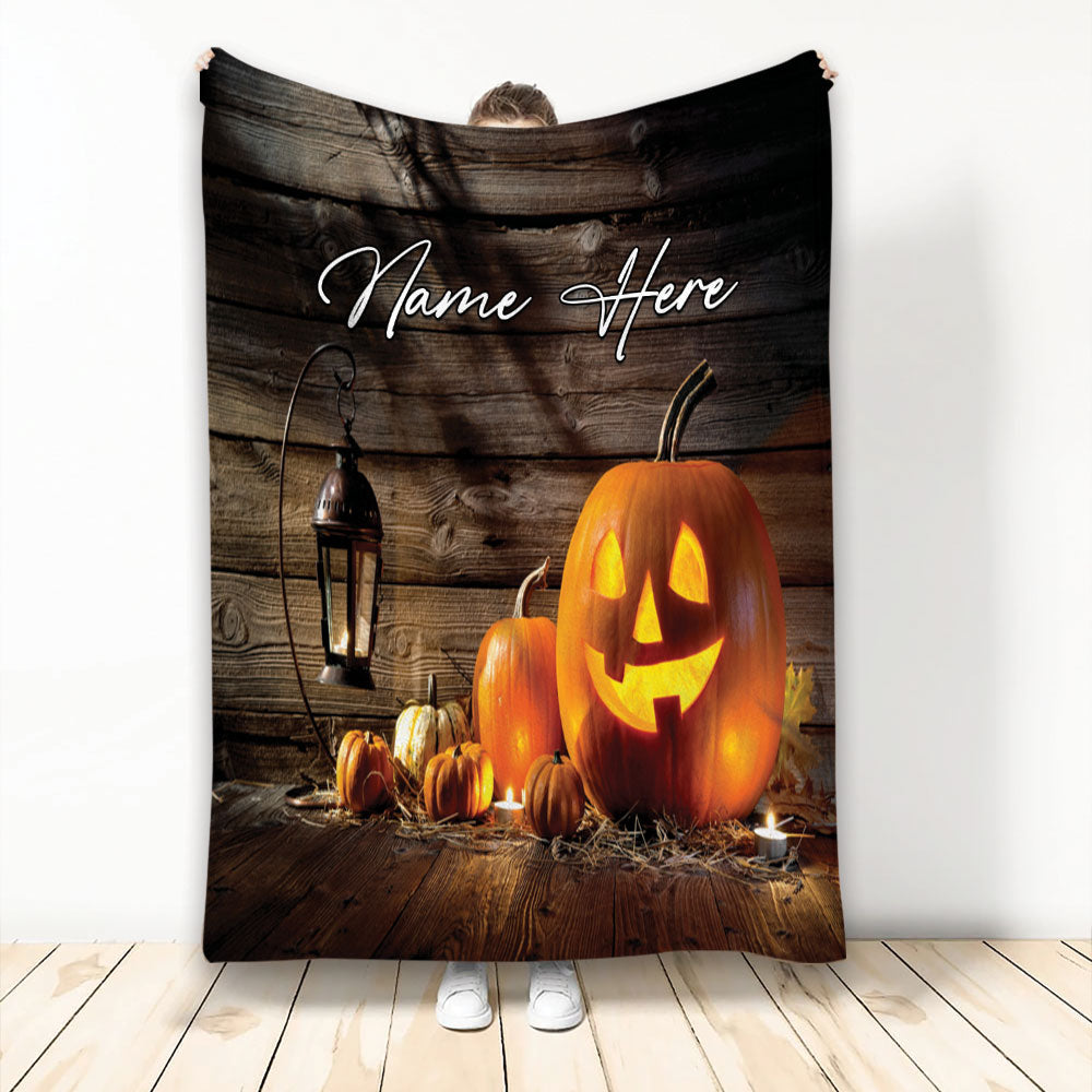 Ohaprints-Fleece-Sherpa-Blanket-Halloween-Pumpkin-Head-Jack-Lantern-On-Custom-Personalized-Name-Soft-Throw-Blanket-2230-Fleece Blanket