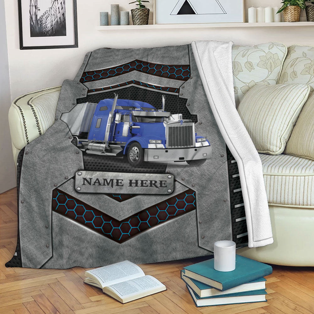 Ohaprints-Fleece-Sherpa-Blanket-Blue-Truck-Trucker-Truck-Driver-Carbon-Stone-Custom-Personalized-Name-Soft-Throw-Blanket-2232-Fleece Blanket